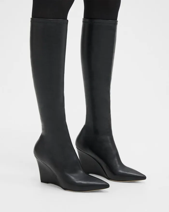 Women Theory Shoes KneeHigh Wedge Boot In Leather Black
