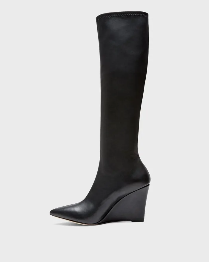Women Theory Shoes KneeHigh Wedge Boot In Leather Black