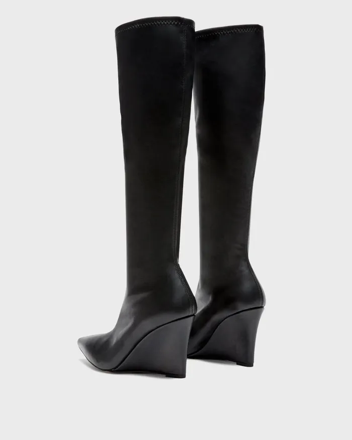 Women Theory Shoes KneeHigh Wedge Boot In Leather Black