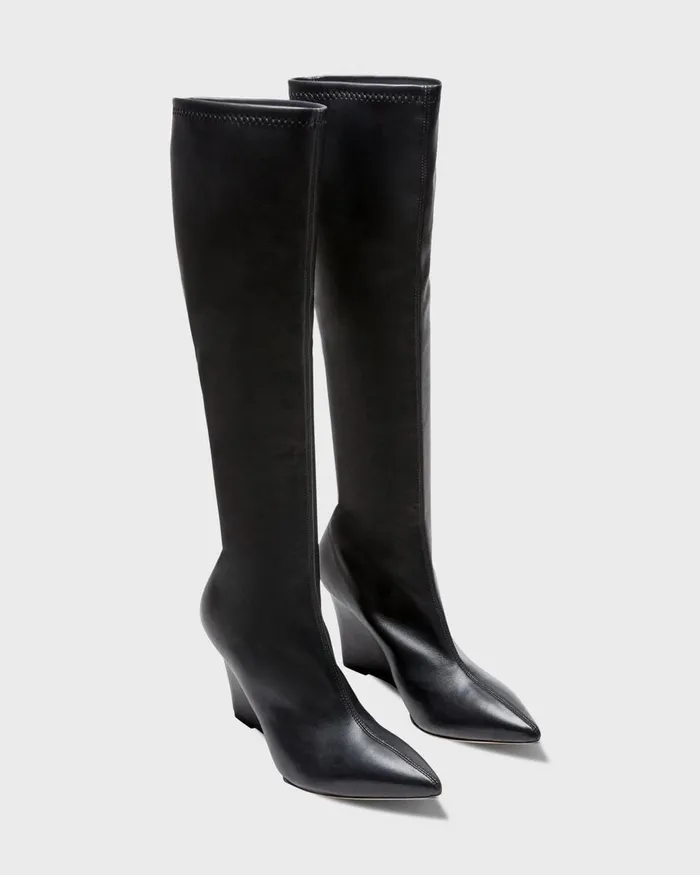 Women Theory Shoes KneeHigh Wedge Boot In Leather Black