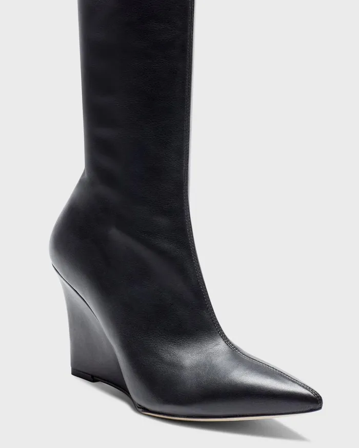 Women Theory Shoes KneeHigh Wedge Boot In Leather Black