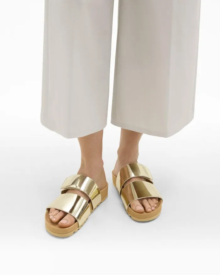 Women Theory Shoes Slide Sandals In Metallic Leather Light Gold
