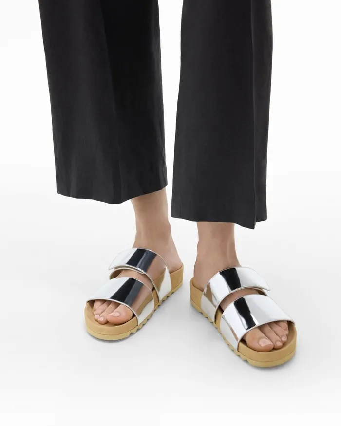 Women Theory Shoes Slide Sandals In Metallic Leather Silver