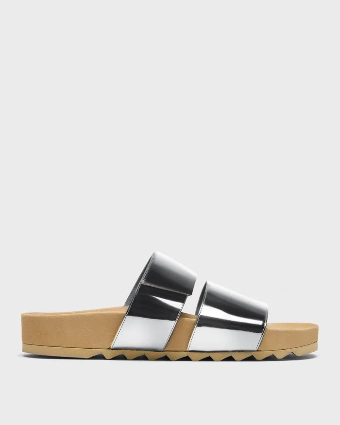Women Theory Shoes Slide Sandals In Metallic Leather Silver