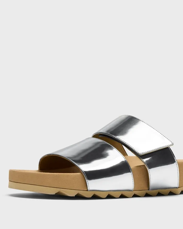 Women Theory Shoes Slide Sandals In Metallic Leather Silver