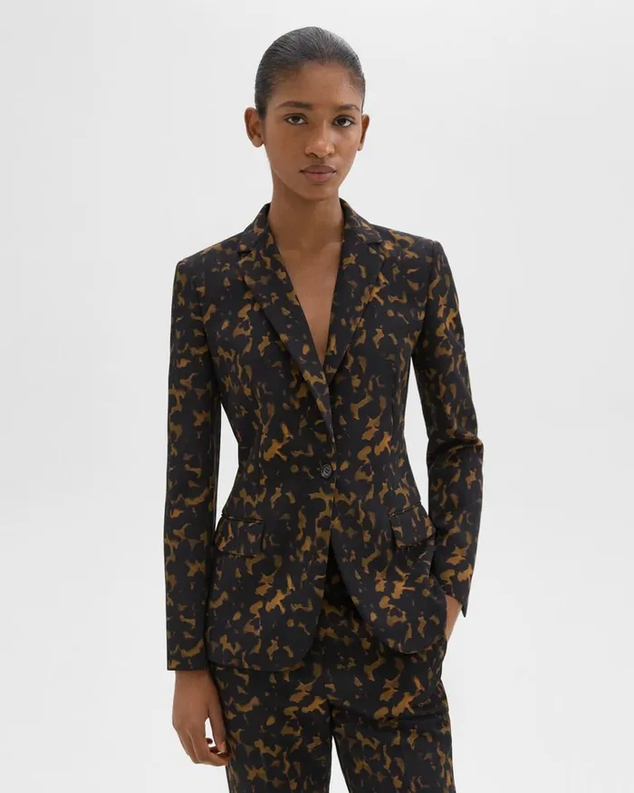 Women Theory Suits Staple Blazer In Tortoiseshell Printed Crepe Dark Brown Multi