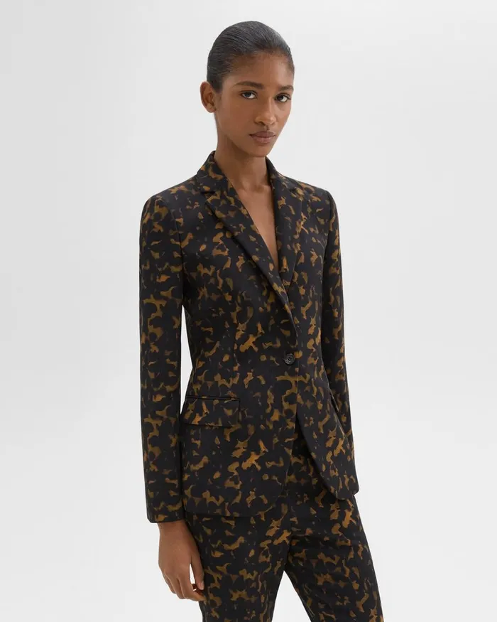 Women Theory Suits Staple Blazer In Tortoiseshell Printed Crepe Dark Brown Multi