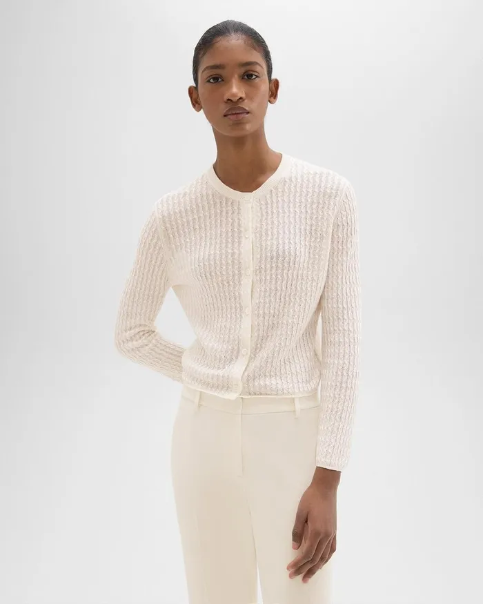 Women Theory Sweaters Cardigans Crewneck Cardigan In Cable Knit Linen Bone