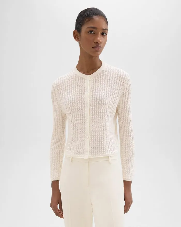 Women Theory Sweaters Cardigans Crewneck Cardigan In Cable Knit Linen Bone
