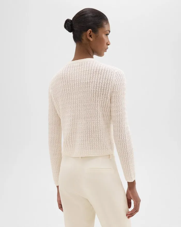 Women Theory Sweaters Cardigans Crewneck Cardigan In Cable Knit Linen Bone