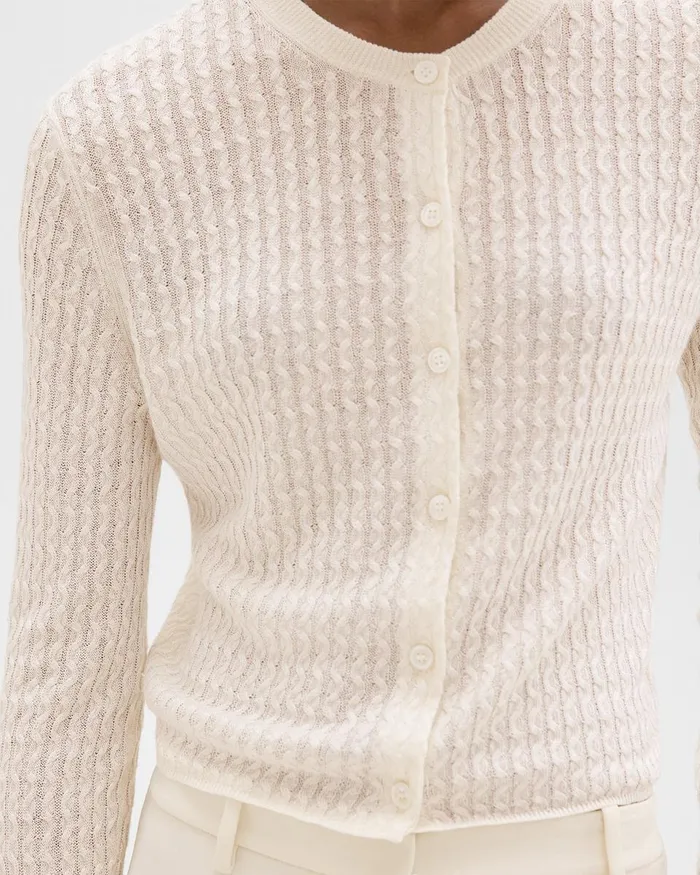 Women Theory Sweaters Cardigans Crewneck Cardigan In Cable Knit Linen Bone
