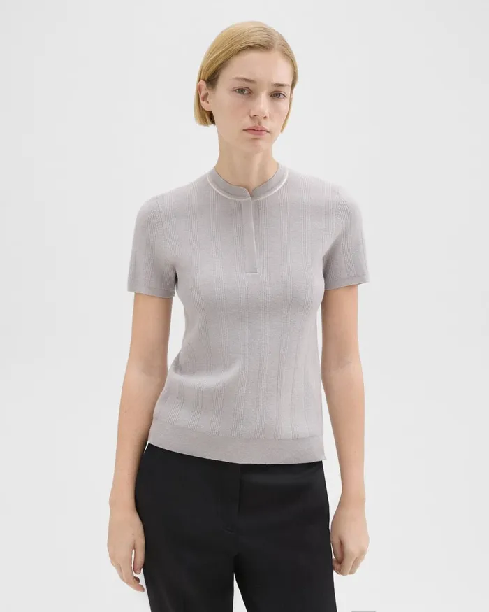 Women Theory Sweaters Cardigans Rib Knit ShortSleeve Henley Warm Silver