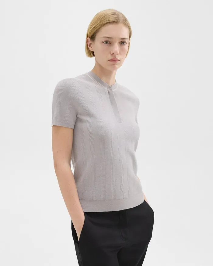 Women Theory Sweaters Cardigans Rib Knit ShortSleeve Henley Warm Silver