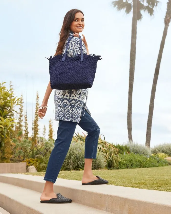 Women Tommy Bahama Handbags and Clutches Vulcan Fringe Top Large Tote and Wristlet Navy