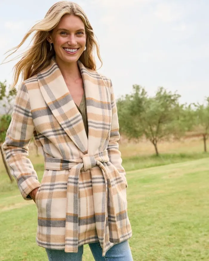 Women Tommy Bahama Jackets Wooly Plaid Wrap Coat Neutral