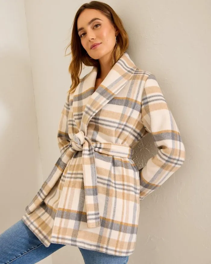 Women Tommy Bahama Jackets Wooly Plaid Wrap Coat Neutral Women Tommy Bahama Jackets Wooly Plaid Wrap Coat Neutral