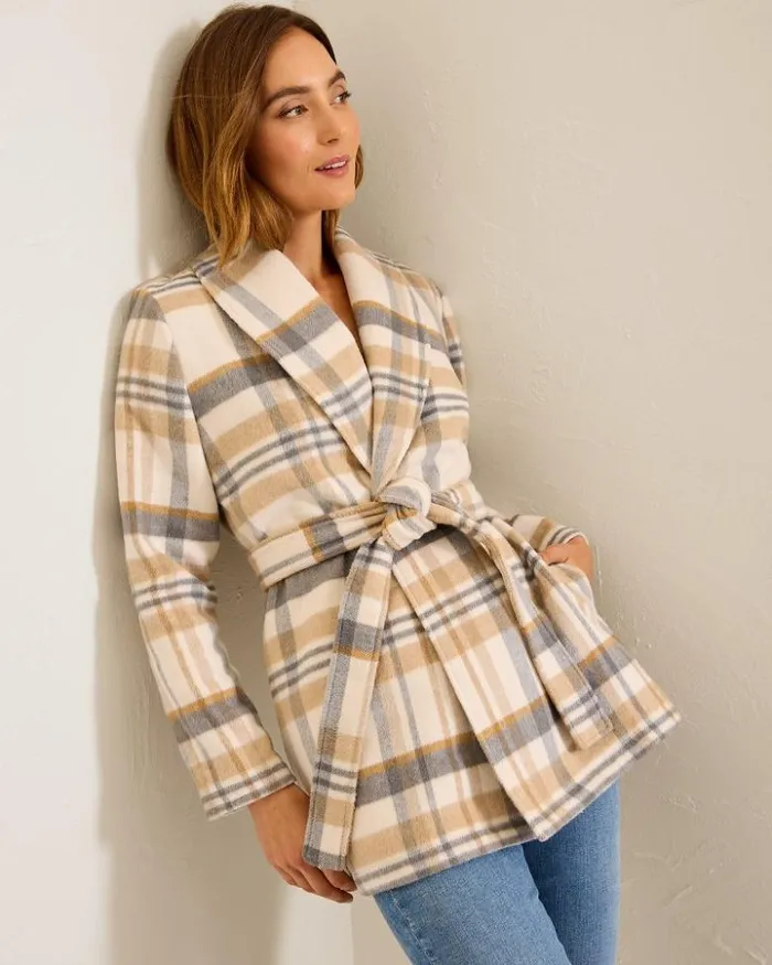 Women Tommy Bahama Jackets Wooly Plaid Wrap Coat Neutral Women Tommy Bahama Jackets Wooly Plaid Wrap Coat Neutral