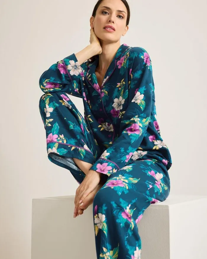 Women Tommy Bahama Sleepwear Woven Sateen Long Sleeve and Pants Pajama Set Summer Night