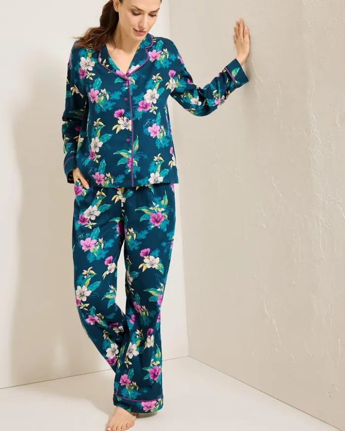 Women Tommy Bahama Sleepwear Woven Sateen Long Sleeve and Pants Pajama Set Summer Night