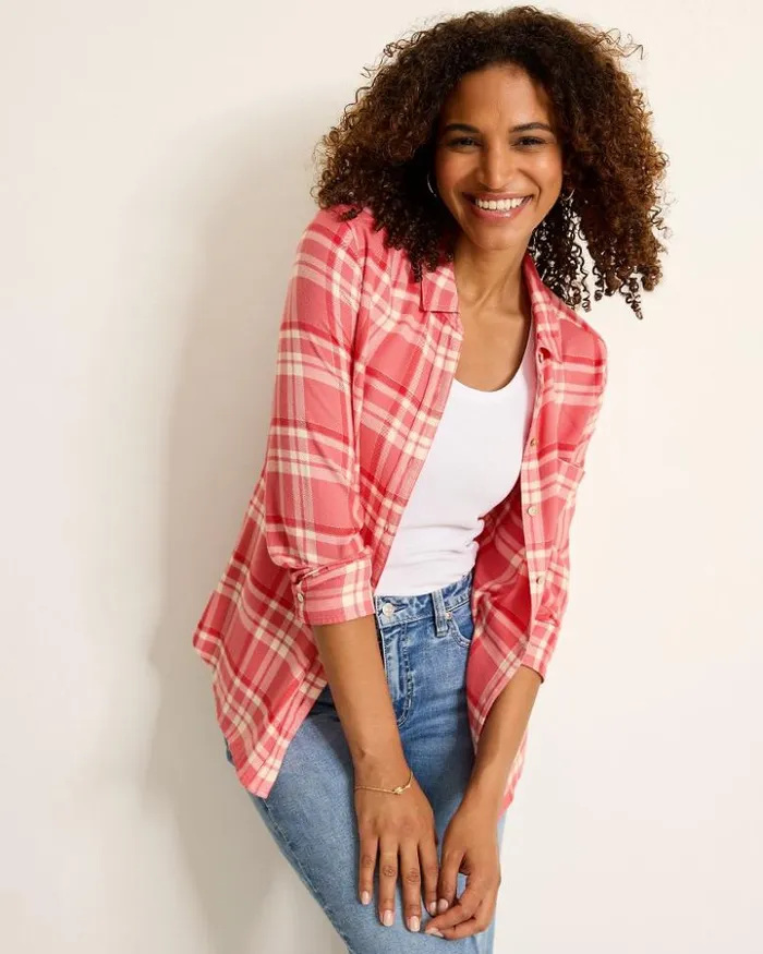 Women Tommy Bahama Tops and Shirts Seabed Sands Flannel Shirt Red Sunset
