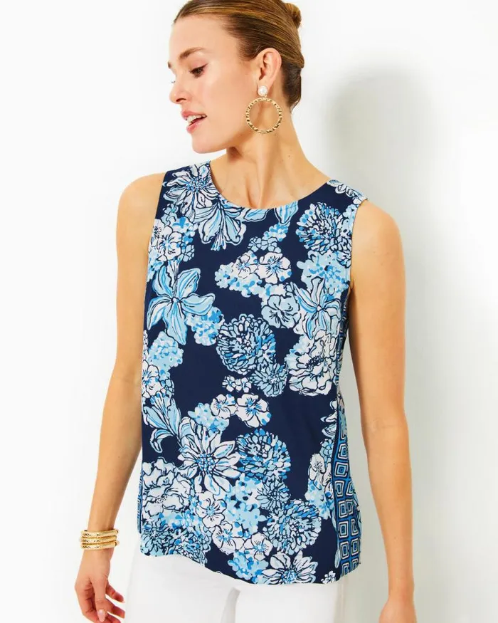Women Tops Lilly Pulitzer Iona Sleeveless Top Low Tide Navy Bouquet All Day Engineered Woven Top Women Tops Lilly Pulitzer Iona Sleeveless Top Low Tide Navy Bouquet All Day Engineered Woven Top