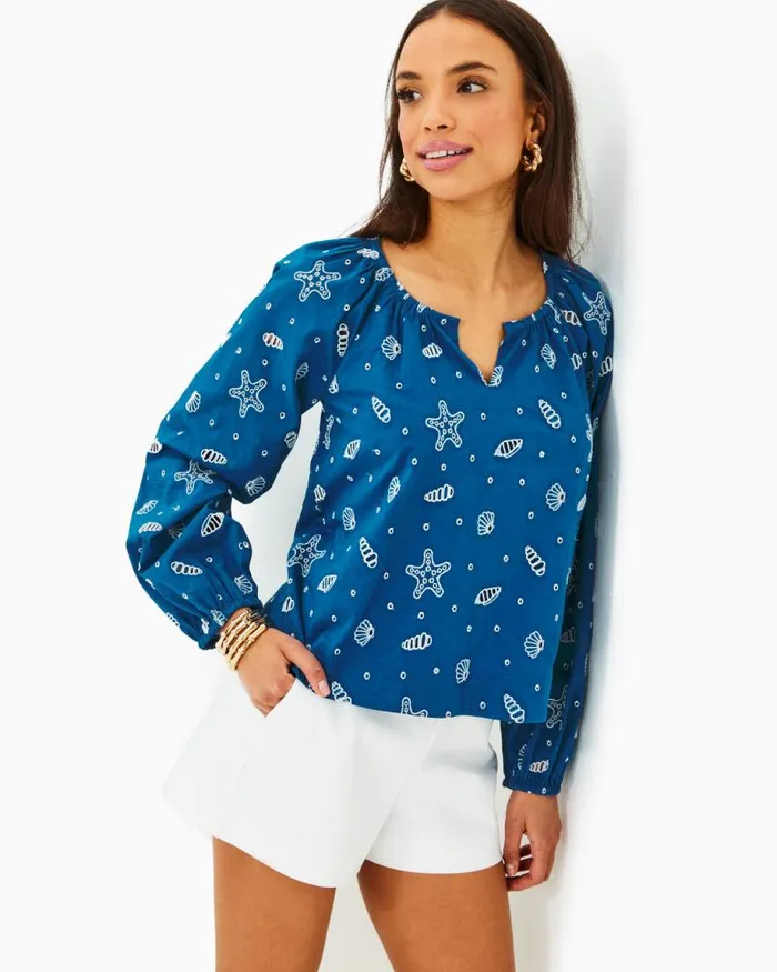 Women Tops Lilly Pulitzer Maisha Eyelet Top Barton Blue Shell Collector Embroidery
