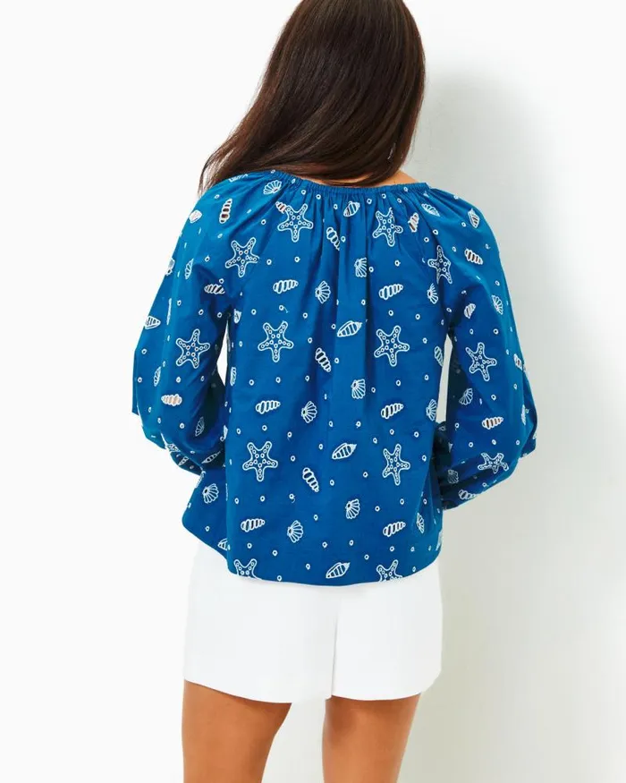 Women Tops Lilly Pulitzer Maisha Eyelet Top Barton Blue Shell Collector Embroidery