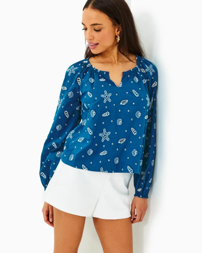 Women Tops Lilly Pulitzer Maisha Eyelet Top Barton Blue Shell Collector Embroidery