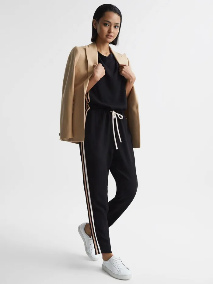 Women Tyla Side Stripe Jumpsuit Black Reiss Jumpsuits