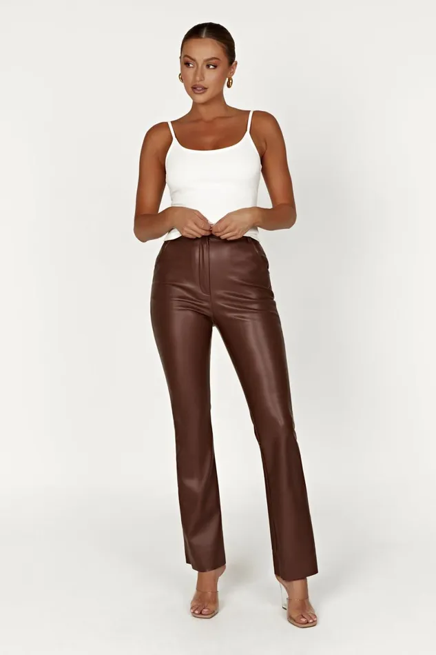 Women Tyra Straight Leg Faux Leather Pants 8211 Chocolate Chocolate Meshki Pants