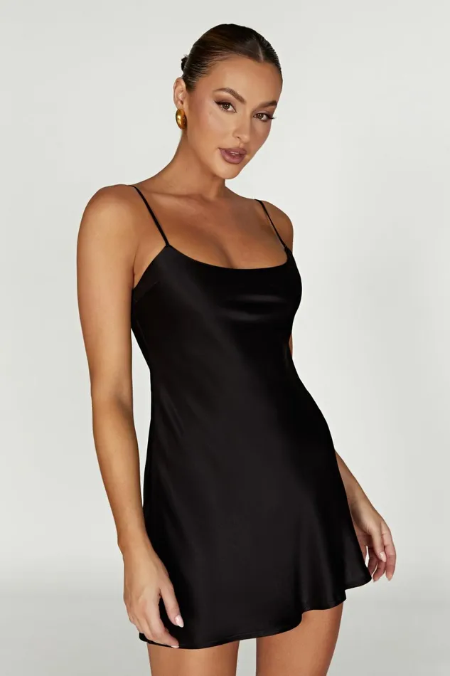 Women Valentina Satin Mini Dress 8211 Black Black Meshki Mini Dresses
