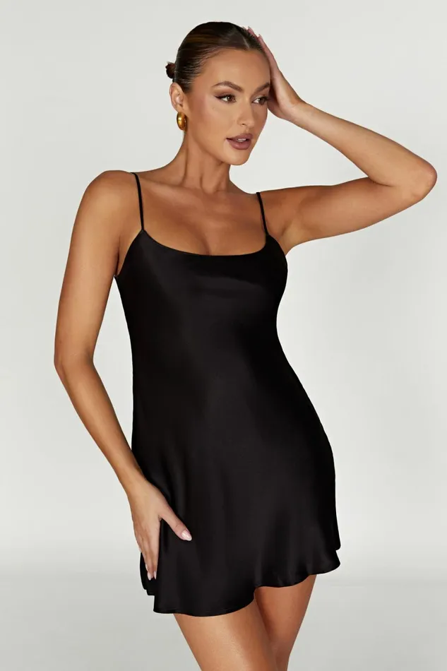 Women Valentina Satin Mini Dress 8211 Black Black Meshki Mini Dresses