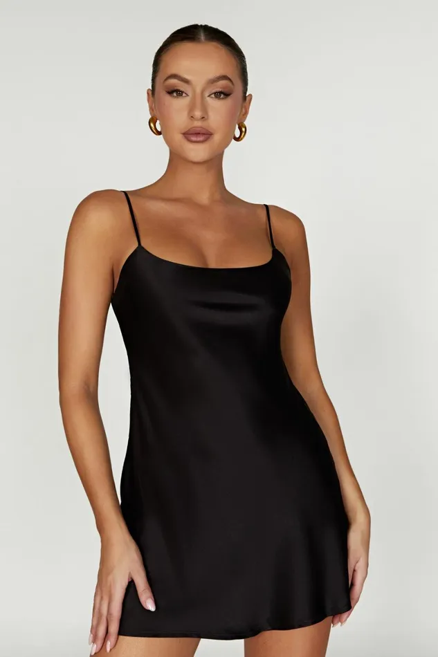 Women Valentina Satin Mini Dress 8211 Black Black Meshki Mini Dresses