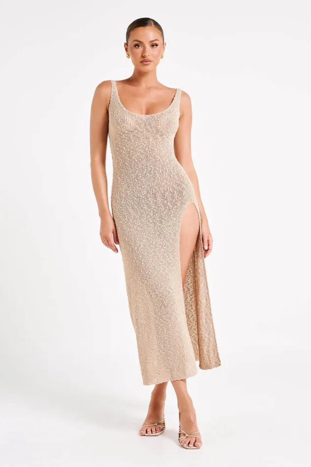 Women Vittoria Boucle Maxi Dress With Split 8211 Wheat Wheat Meshki Maxi Dresses