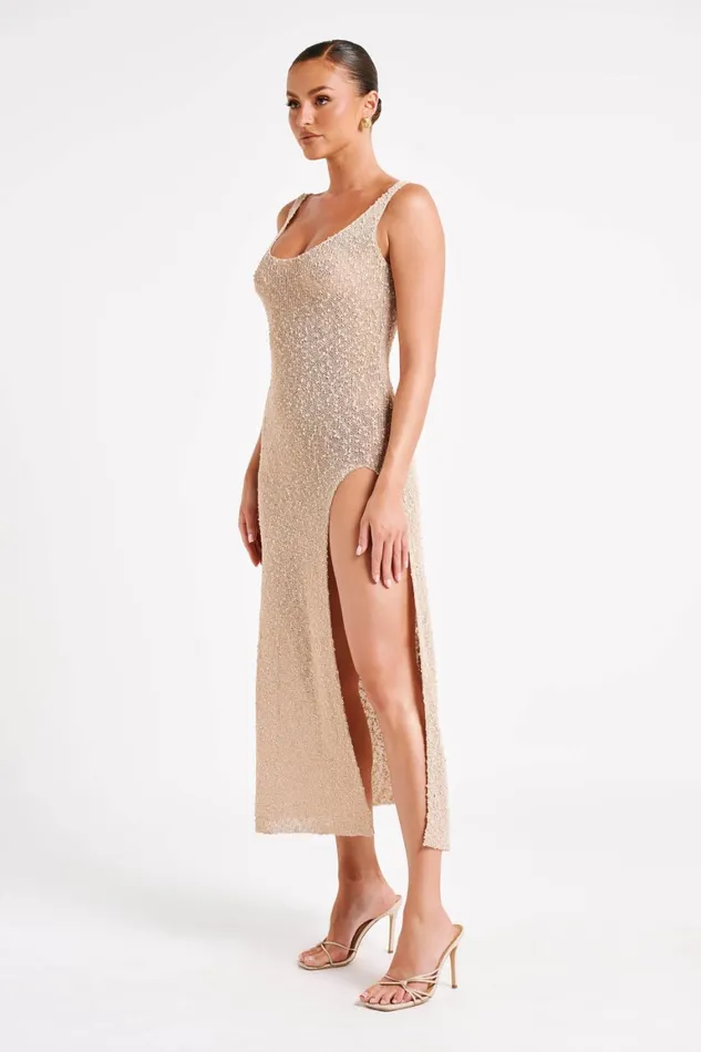 Women Vittoria Boucle Maxi Dress With Split 8211 Wheat Wheat Meshki Maxi Dresses