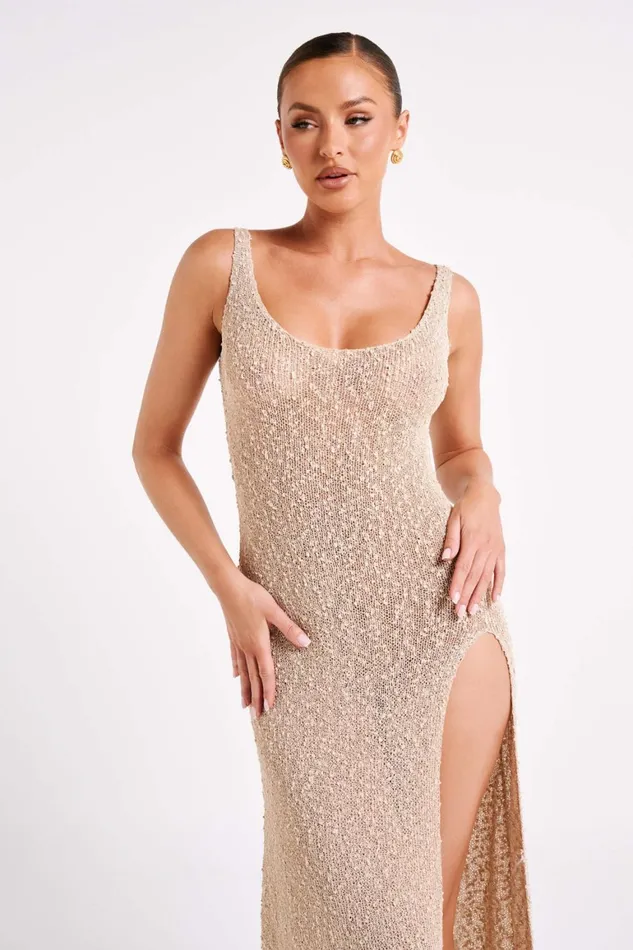 Women Vittoria Boucle Maxi Dress With Split 8211 Wheat Wheat Meshki Maxi Dresses