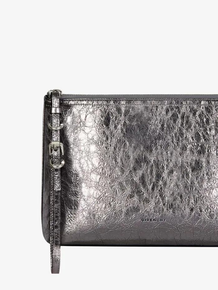 Women Wallets and Card Holders Givenchy Voyou Pouch In Laminated Leather Silvery Grey