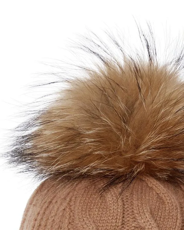 Women Women039s Cable Cashmere Hat With Fur PomIn Dark Camel Brown Dark Camel Brown NPeal Hats
