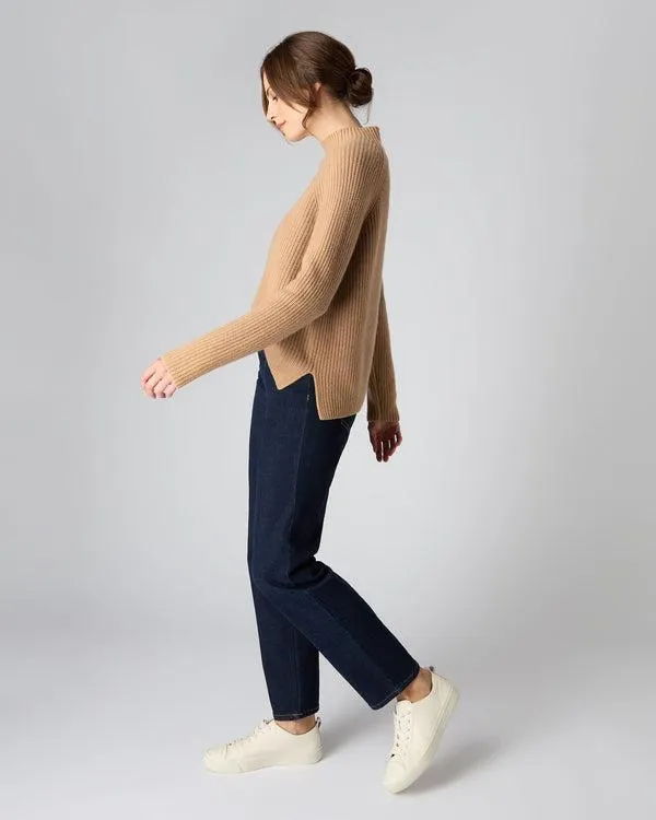 Women Women039s Fisherman Rib Funnel Cashmere SweaterIn Sahara Brown Sahara Brown NPeal Turtle Necks