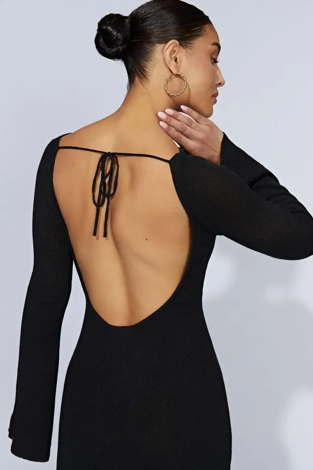 Women Zahra Long Sleeve Open Back Mini Knit Dress 8211 Black Black Meshki Mini Dresses