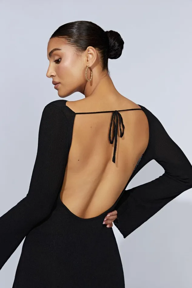 Women Zahra Long Sleeve Open Back Mini Knit Dress 8211 Black Black Meshki Mini Dresses