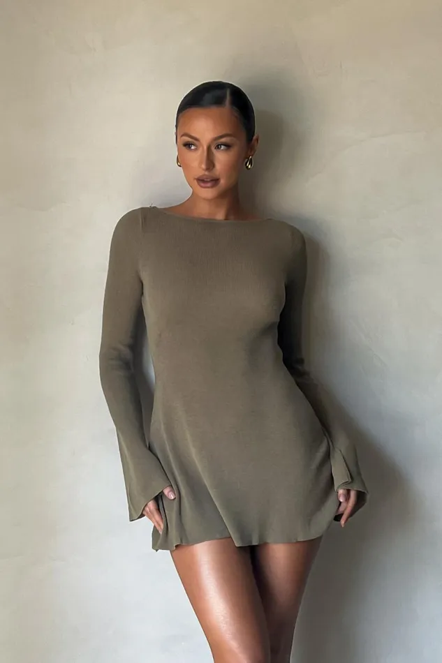 Women Zahra Long Sleeve Open Back Mini Knit Dress 8211 Olive Olive Meshki Mini Dresses
