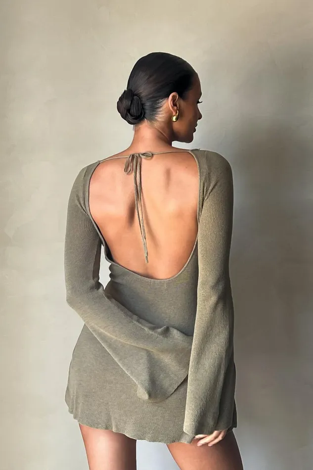 Women Zahra Long Sleeve Open Back Mini Knit Dress 8211 Olive Olive Meshki Mini Dresses