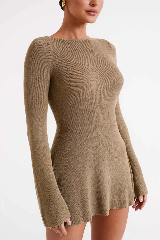 Women Zahra Long Sleeve Open Back Mini Knit Dress 8211 Olive Olive Meshki Mini Dresses