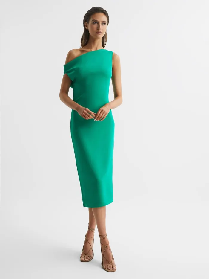 Women Zaria OffShoulder Bodycon Midi Dress Green Reiss Dresses