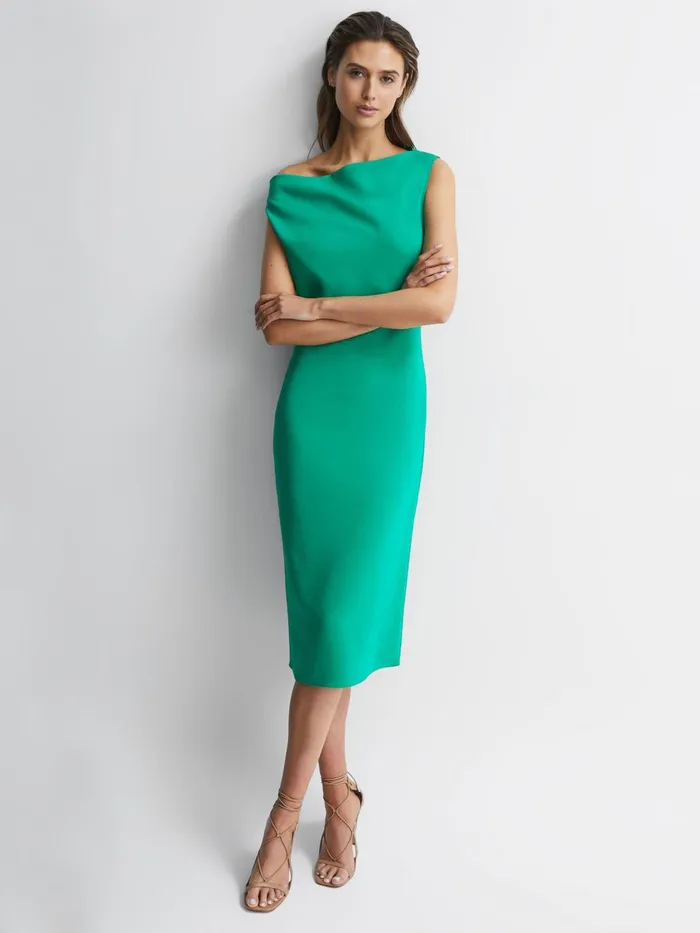 Women Zaria OffShoulder Bodycon Midi Dress Green Reiss Dresses