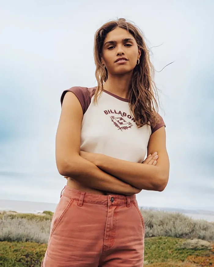 Womens Blissed Cropped Raglan TShirt Choc Chip Billabong Graphic Tees and Tanks