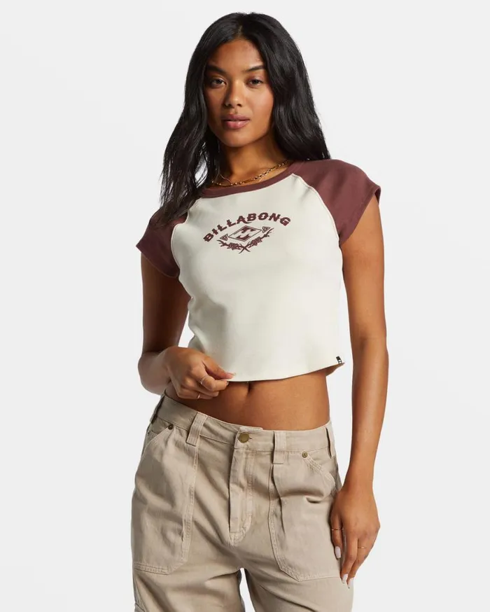 Womens Blissed Cropped Raglan TShirt Choc Chip Billabong Graphic Tees and Tanks Womens Blissed Cropped Raglan TShirt Choc Chip Billabong Graphic Tees and Tanks