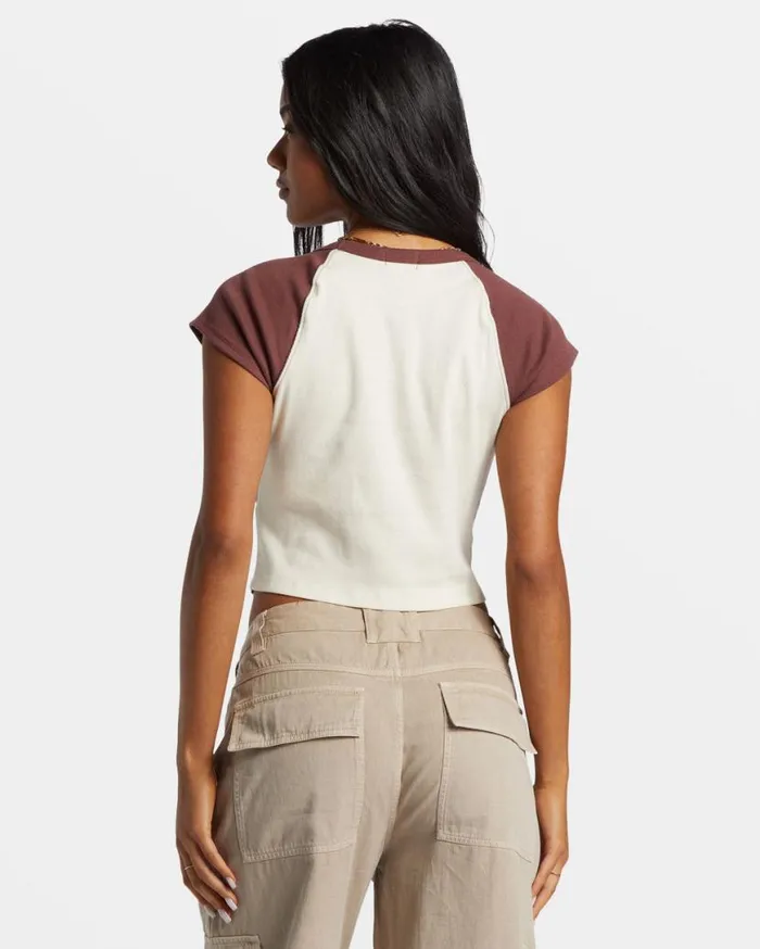 Womens Blissed Cropped Raglan TShirt Choc Chip Billabong Graphic Tees and Tanks Womens Blissed Cropped Raglan TShirt Choc Chip Billabong Graphic Tees and Tanks