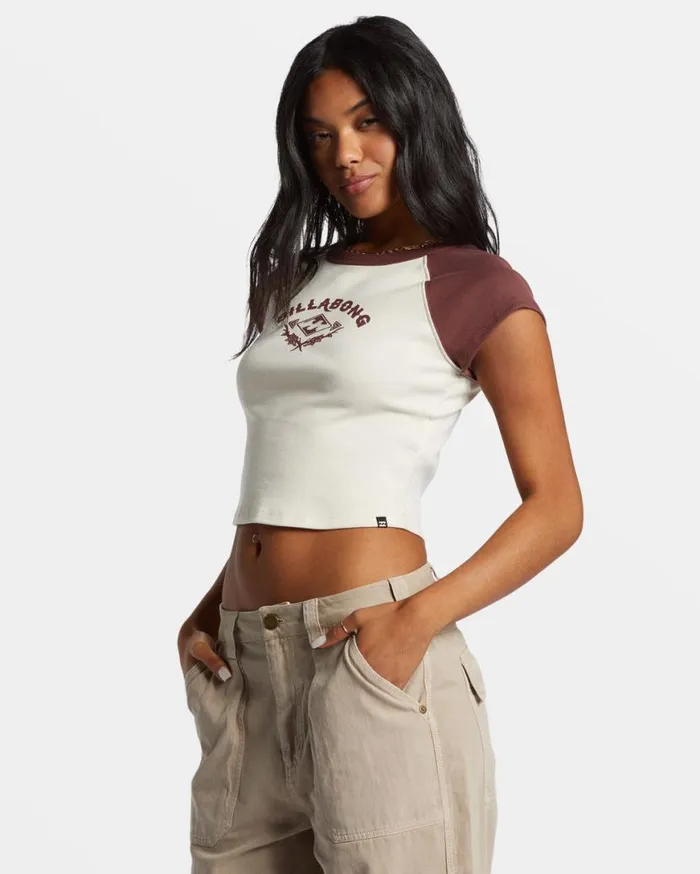 Womens Blissed Cropped Raglan TShirt Choc Chip Billabong Graphic Tees and Tanks Womens Blissed Cropped Raglan TShirt Choc Chip Billabong Graphic Tees and Tanks